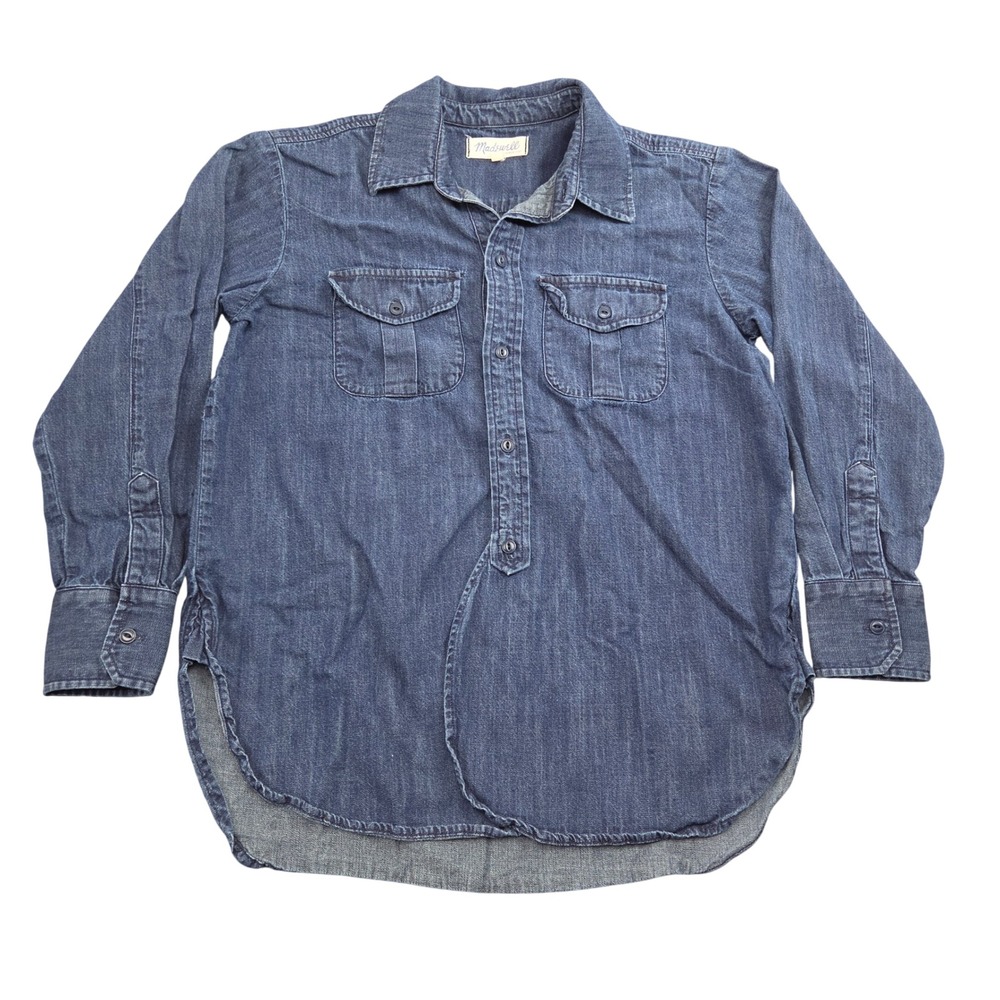 Madwell Denim Oversized Popover Shirt Womens XS S Blue High Low Hem Casual